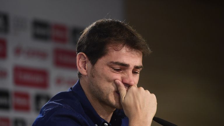 Real Madrid's goalkeeper Iker Casillas reacts as he gives a press conference at the Santiago Bernabeu