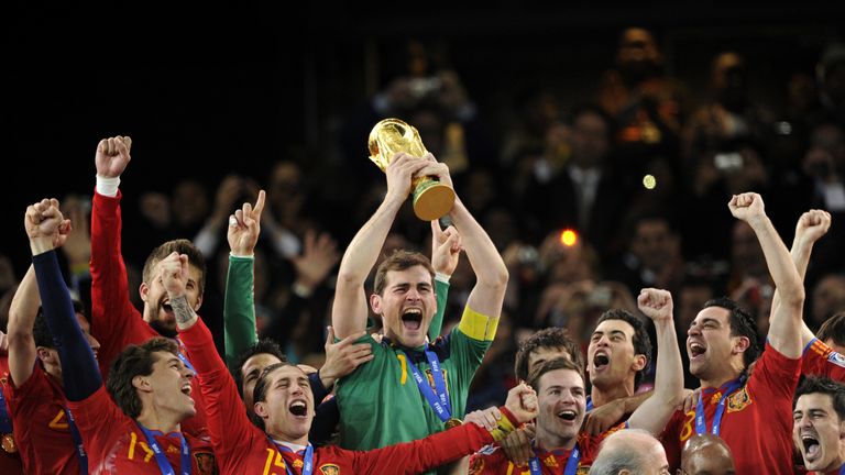 Spain's goalkeeper Iker Casillas lifts the World Cup throphy