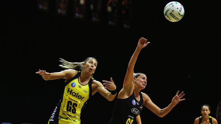 AUCKLAND, NEW ZEALAND - APRIL 07:  Casey Kopua of the Magic defends against Irene van Dyk of the Pulse during the ANZ Championship match between the Magic 