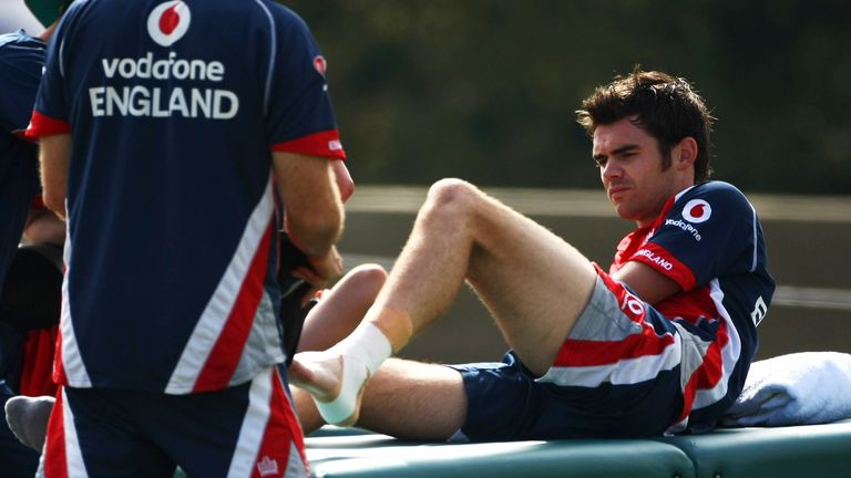 James Anderson treatment on his injured ankle during a nets session at Mclean Park on March 20, 2008 i