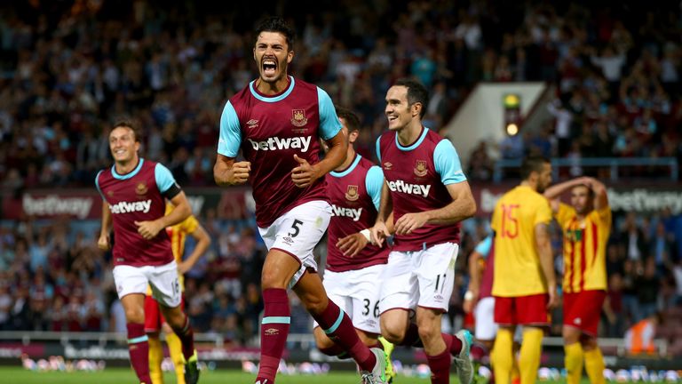 LONDON, ENGLAND - JULY 16:  James Tomkins of West Ham celebrates after his goal during the UEFA Europa League second qualifying round (first leg) match bet