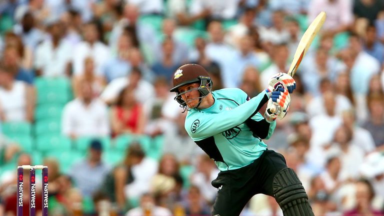 Jason Roy of Surrey hits out during the NatWest T20 Blast match between Surrey and Gloucestershire at The Oval on July 1, 2015 
