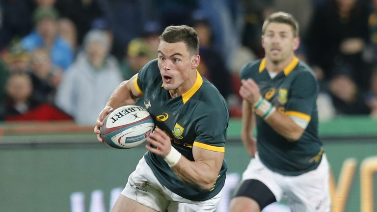South Africa full-back Jesse Kriel runs to score a try during  South Africa versus New Zealand