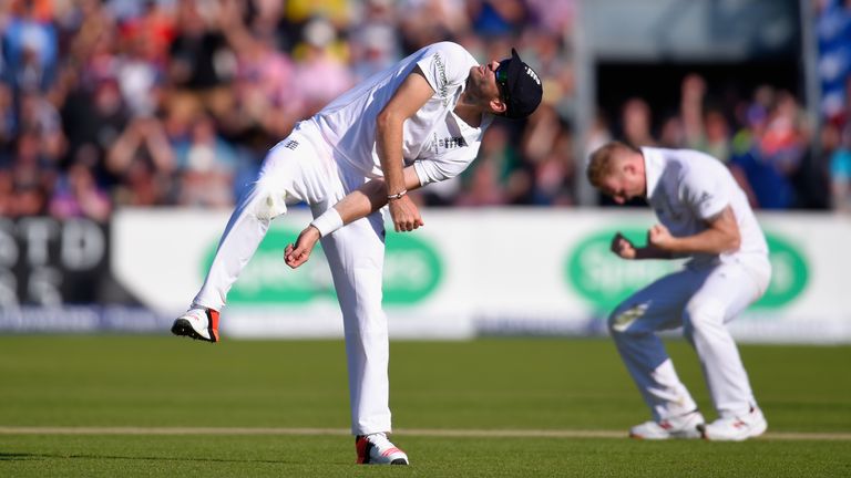 CARDIFF, WALES - JULY 09:  Jimmy Anderson celebrates after catching Australia batsman Adam Voges off the bowling of Ben Stokes (r) during day two of the 1s