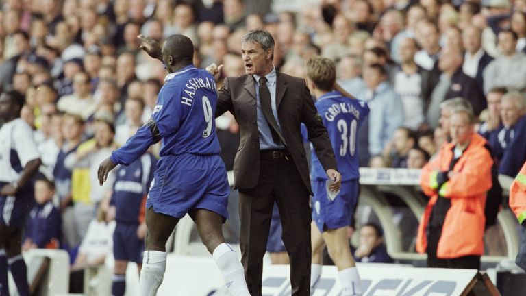 Jimmy Floyd Hasselbaink celebrates a Chelsea goal with  manager Claudio Ranieri in 2001.