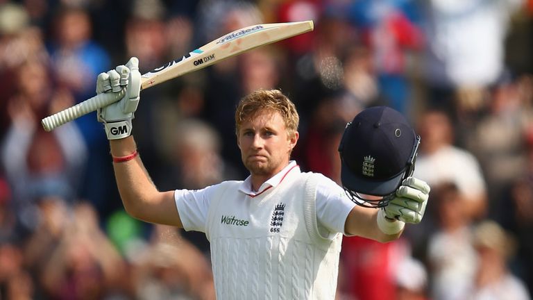 Joe Root of England celebrates after reaching his century during day one of the 1st Investec Ashes Test match v Australia at SWALEC Stadium, Cardiff