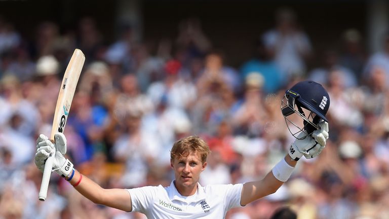 NOTTINGHAM, ENGLAND - JULY 12:  England batsman Joe Root celebrates after reaching his century during day four of the 1st  Investec Test Match between Engl