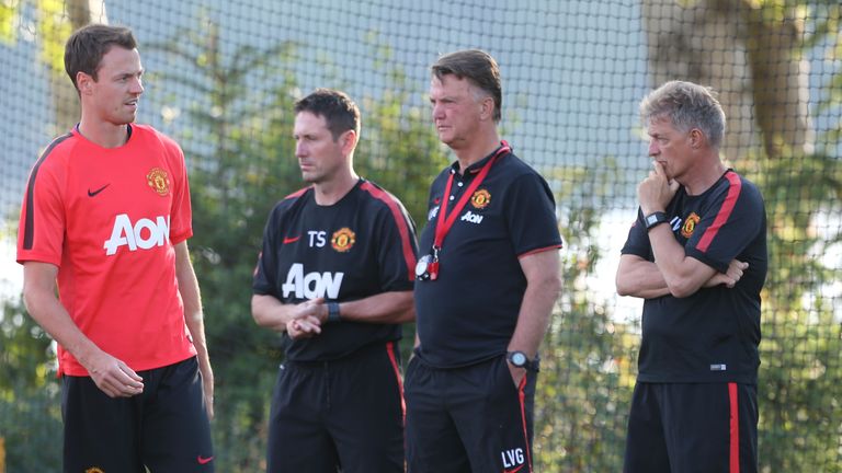 Head of Fitness Tony Strudwick, Manager Louis van Gaal and traiing physiologist Jos van Dijk of Manchester United in action