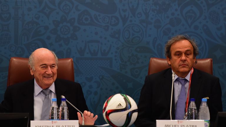 FIFA President Joseph S. Blatter and UEFA President Michel Platini look on during the Team Seminar ahead of the Preliminary Draw of the 2018 FIFA World Cup