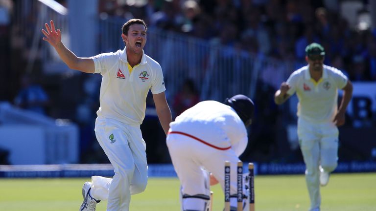 Josh Hazlewood celebrates taking wicket of Joe Root