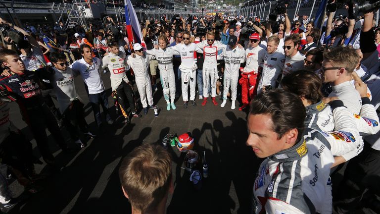 F1's drivers paying respect to Bianchi at last year's Russian GP, the race after the Frenchman's accident at Suzuka