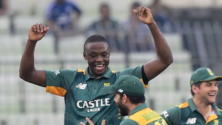 Kagiso Rabada celebrates his hat-trick for South Africa against Bangladesh in Dhaka