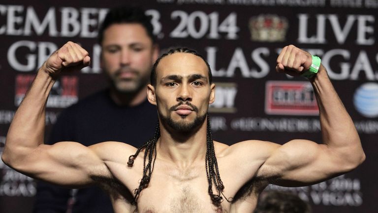 Keith Thurman of USA poses on the scales during a weigh-in for his fight against Leonard Bundu