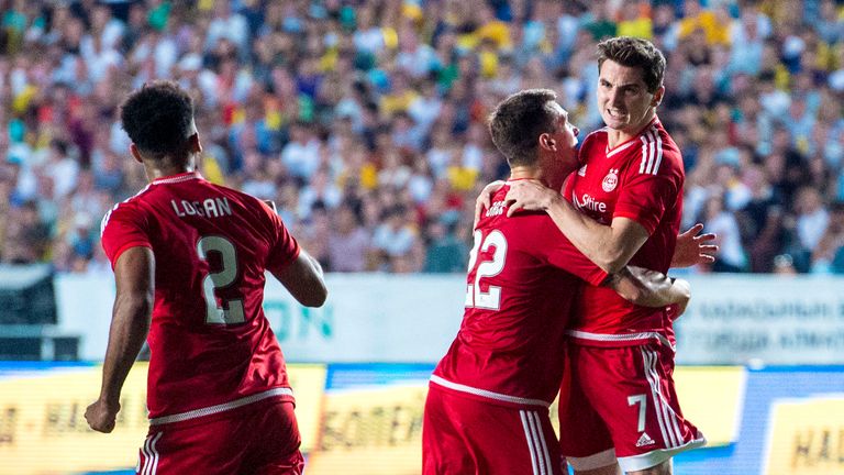 Kenny McLean (right) celebrates pulling a goal back for Aberdeen against Kairat. 