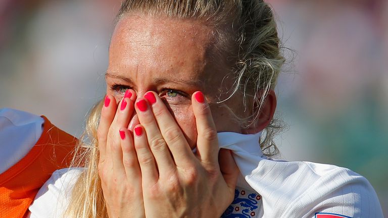 England's Laura Bassett shows her despair after her injury-time own goal gave Japan victory in the last four of the Women's World Cup in Canada