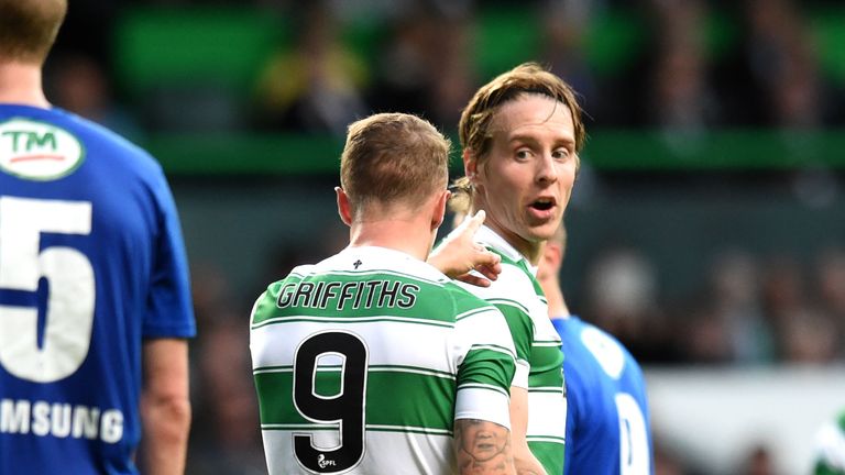 Leigh Griffiths exchanges words with team-mate Stefan Johansen ahead of taking a penalty for Celtic