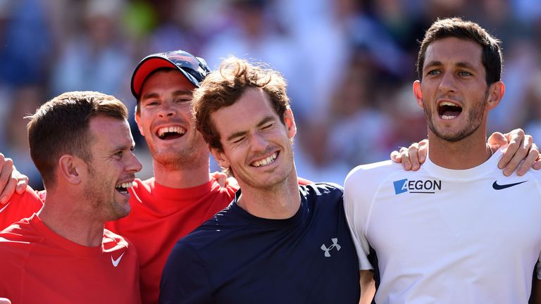 Captain Leon Smith, Jamie Murray, Andy Murray and James Ward celebrate after Great Britain defeated France in their Davis Cup QF