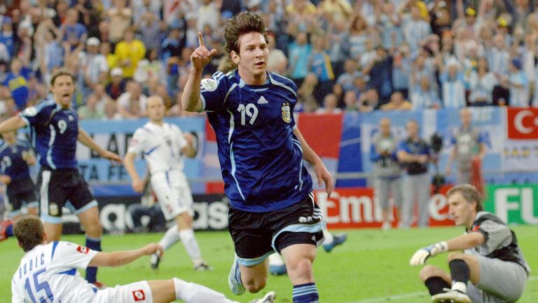 Gelsenkirchen, GERMANY:  Argentinian forward Lionel Messi celebrates after scoring against  Serbia and Montenegro. | 2006 World Cup