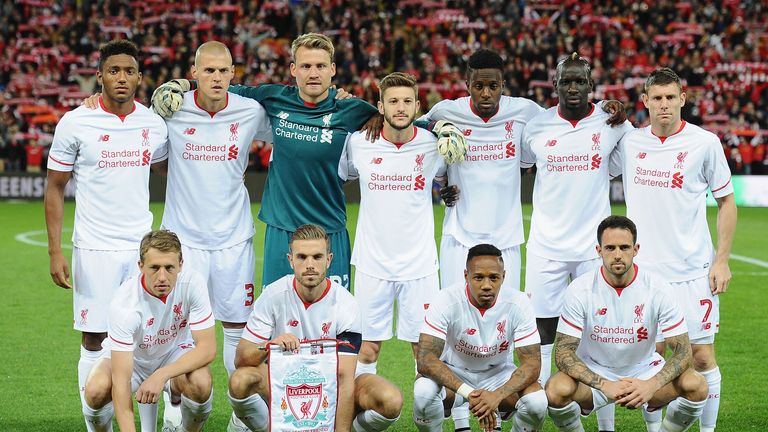 Players of Liverpool FC pose for a team photo during the international friendly match between Brisbane Roar at Suncorp Stadium on July 17, 2015 in Brisbane