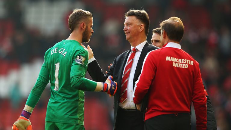 Louis van Gaal celebrates with David de Gea