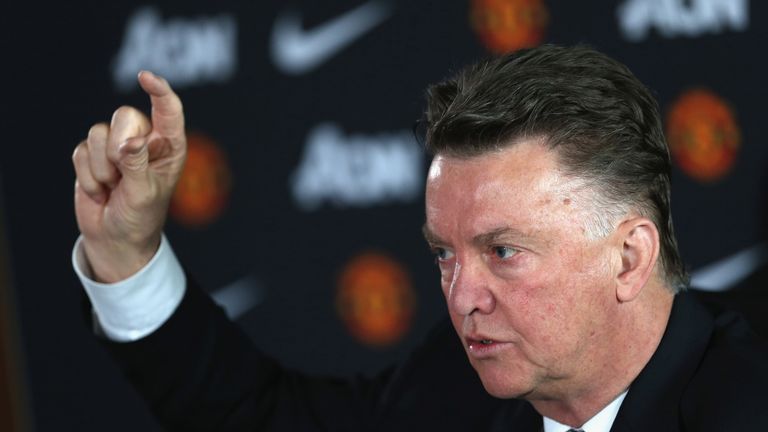 Manager Louis van Gaal of Manchester United speaks during a press conference at Aon Training Complex on April 17, 2015 in Manchester, England.
