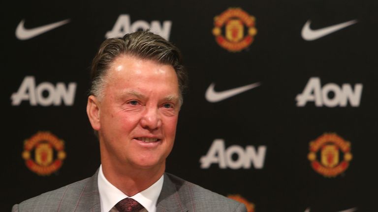  Manager Louis van Gaal of Manchester United speaks at a press conference to announce the signing of Memphis Depay
