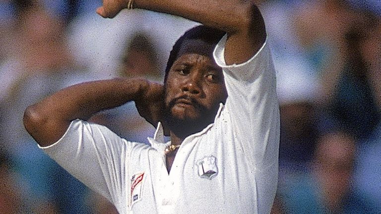 Malcolm Marshall of the West Indies steams in during a Test against England