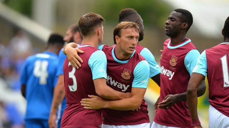  Mark Noble of West Ham celebrates scoring their first goal against Peterborough