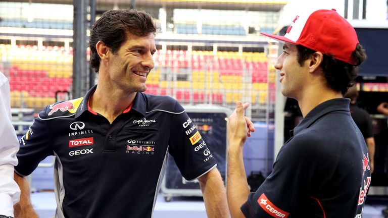 Mark Webber and Daniel Ricciardo in the F1 paddock in 2013