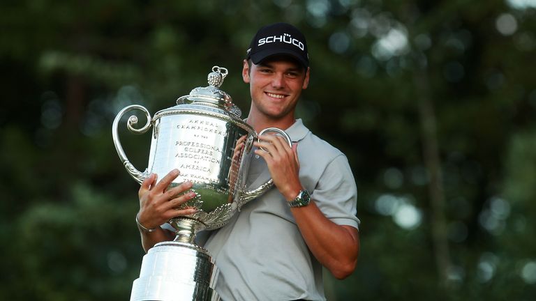 Martin Kaymer  poses with the Wanamaker Trophy after defeating Bubba Watson at the PGA Championships in Whistling Straits.