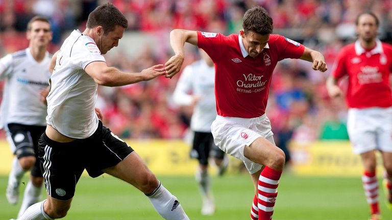 Matt Derbyshire of Nottingham Forest up against Jason Shackell of Derby County during the Championship match in September 2011