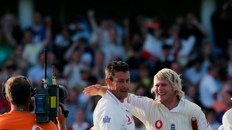 NOTTINGHAM, UNITED KINGDOM - AUGUST 28: Ashley Giles and Matthew Hoggard of England celebrate victory during day four of the Fourth npower Ashes Test match