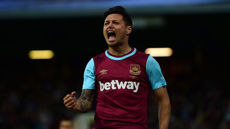 Mauro Zarate of West Ham celebrates scoring his side's second goal during the UEFA Europa League third qualifying round against Astra