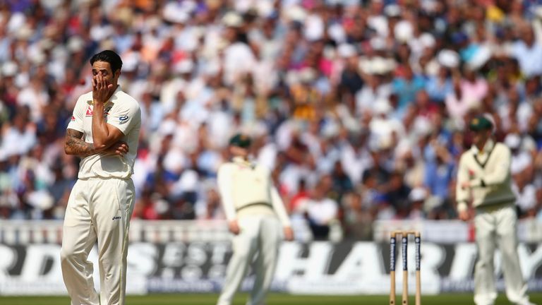 Mitchell Johnson of Australia reacts