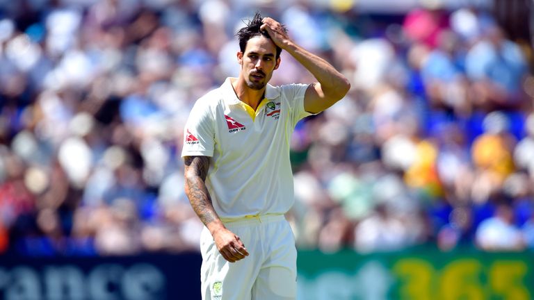 Australia bowler Mitchell Johnson reacts during day three of the 1st Investec Ashes Test match between England and Australia IN cARDIFF