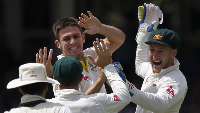 Mitchell Marsh (celebrates the wicket of Ben Stokes