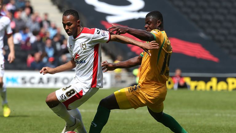 Rob Hall (l) playing for MK Dons during 2014/15 season.