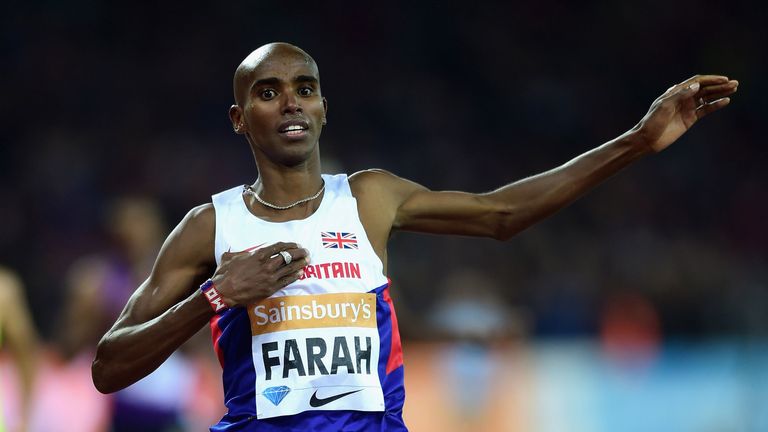 Mo Farah celebrates after winning 3000m in London