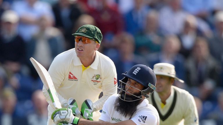 CARDIFF, WALES - JULY 08:  Moeen Ali of England hits out for six runs during day one of the 1st Investec Ashes Test match between England and Australia at 