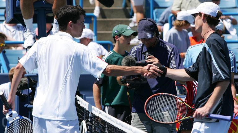 Tim Henman and Andy Murray shake hands after their first round match in Cincinnati in 2006