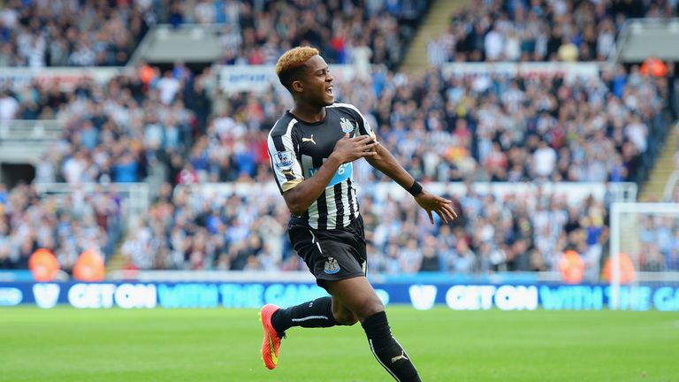 NEWCASTLE UPON TYNE, ENGLAND - AUGUST 30: Rolando Aarons of Newcastle United celebrates scoring their second goal during the Barclays Premier League match 