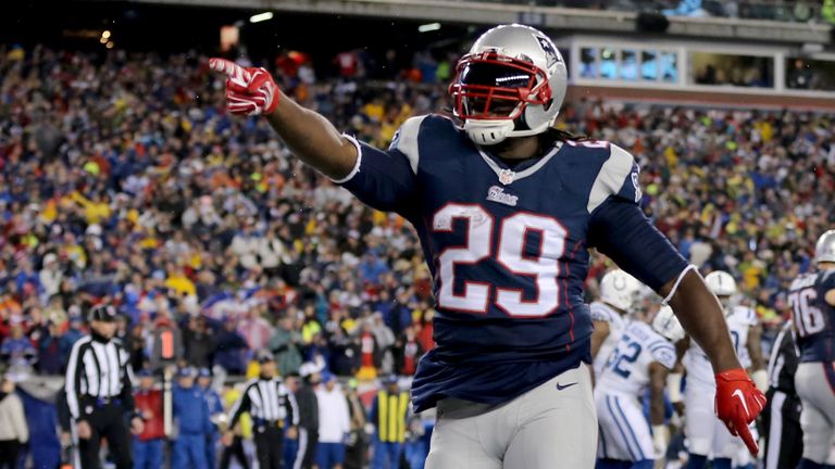 New England Patriots LeGarrette Blount celebrates with teammates