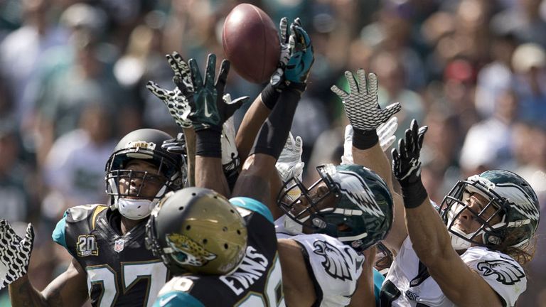 Riley Cooper and Jordan Matthews of the Philadelphia Eagles go up for a hail mary