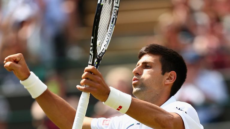 Novak Djokovic of Serbia reacts after winning his fourth round against Kevin Anderson of South Africa  at Wimbledon
