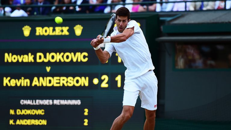 Novak Djokovic of Serbia plays a backhand in his Fourth Round match against Kevin Anderson