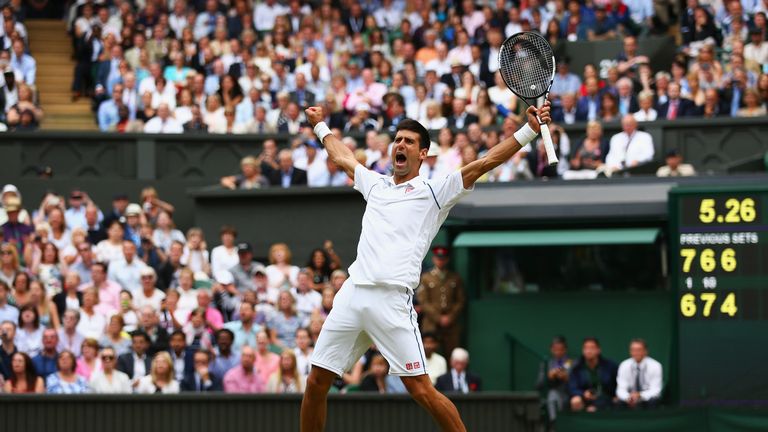  Novak Djokovic of Serbia celebrates after winning the Final Of The Gentlemen's Singles against Roger Federer 