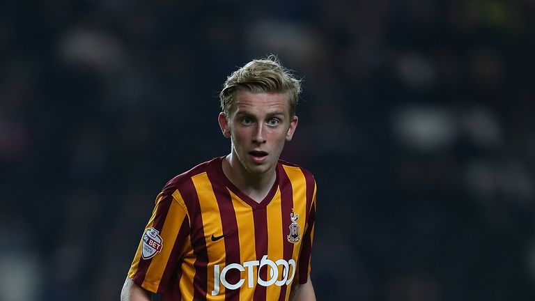 Oliver McBurnie of Bradford City in action during the Capital One Cup Third Round match between MK Dons and Bradfor