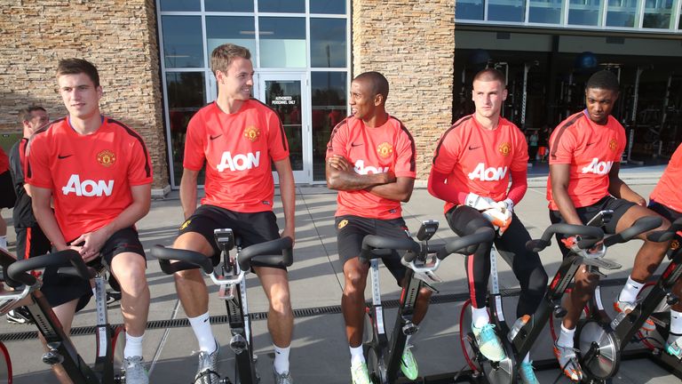 Patrick McNair, Jonny Evans, Ashley Young, Sam Johnstone and Tyler Blackett of Manchester United in action