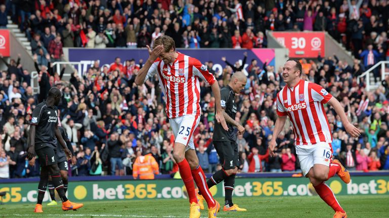 Peter Crouch celebrates scoring Stoke's sixth goal against Liverpool on the final day of last season