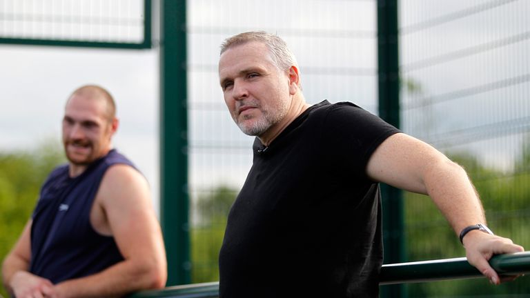 BOLTON, ENGLAND - JUNE 17:  Coach Peter Fury watches on during the Tyson Fury Media Session at the Eddie Davies Football Academy on June 17, 2014 in Bolton